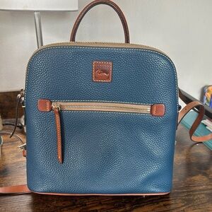 Dooney & Bourke Denim Pebbled Leather Mini Backpack with Brown Trim